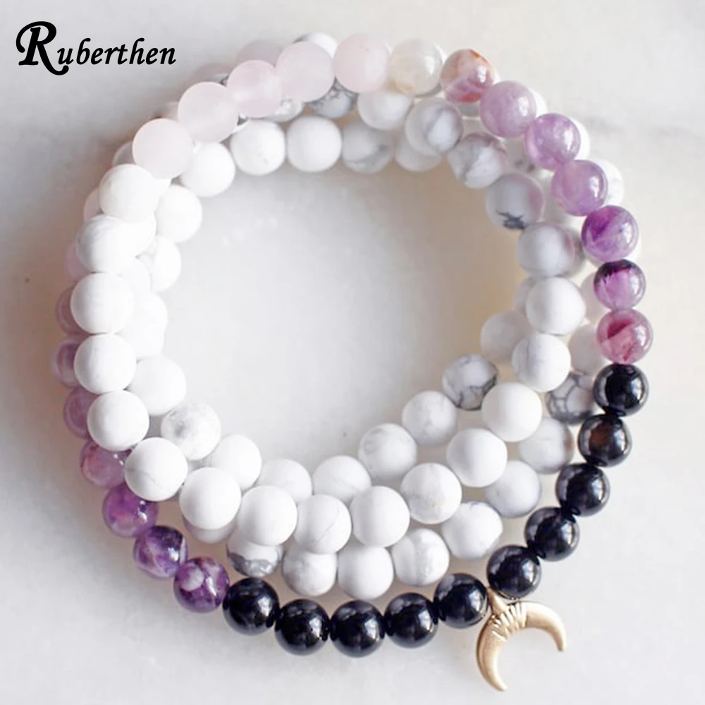 

Ruberthen новый стиль женские 6 мм драгоценные камни 108 мала бусины браслет Howlite черный оникс Драгоценности натуральные кристаллы бусины