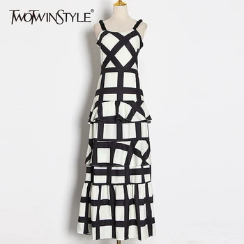 

TWOTWINSTYLE Patchwork Ruffle Lace Plaid Women's Dresses Square Collar Spaghetti Strap High Waist Hit Color Dress Female Fashion