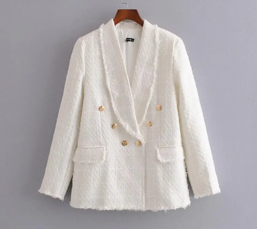 2019 Ретро Блейзер белого цвета в клетку с кисточками винтажный женский пиджак с карманами и бахромой мягкий шерстяной Женский костюм