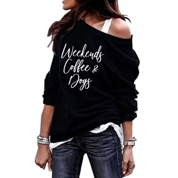 

Hoodies For Women Round Neck Shoulder Hoodies Coffee Dogs Letters Print Sweatshirt Femmes Sweatshirts Tops Kawaii Print Pattern