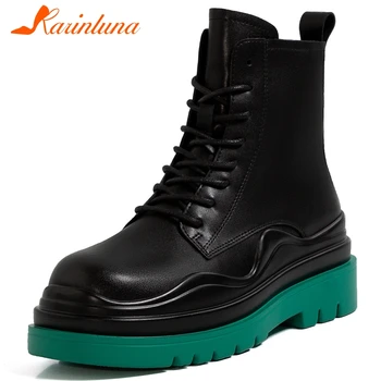 

KARINLUNA New Fashion Female 2020 Autumn Boots Round Toe Cross Toe Square High Heels Zip Women Boots Ankle Women Shoes