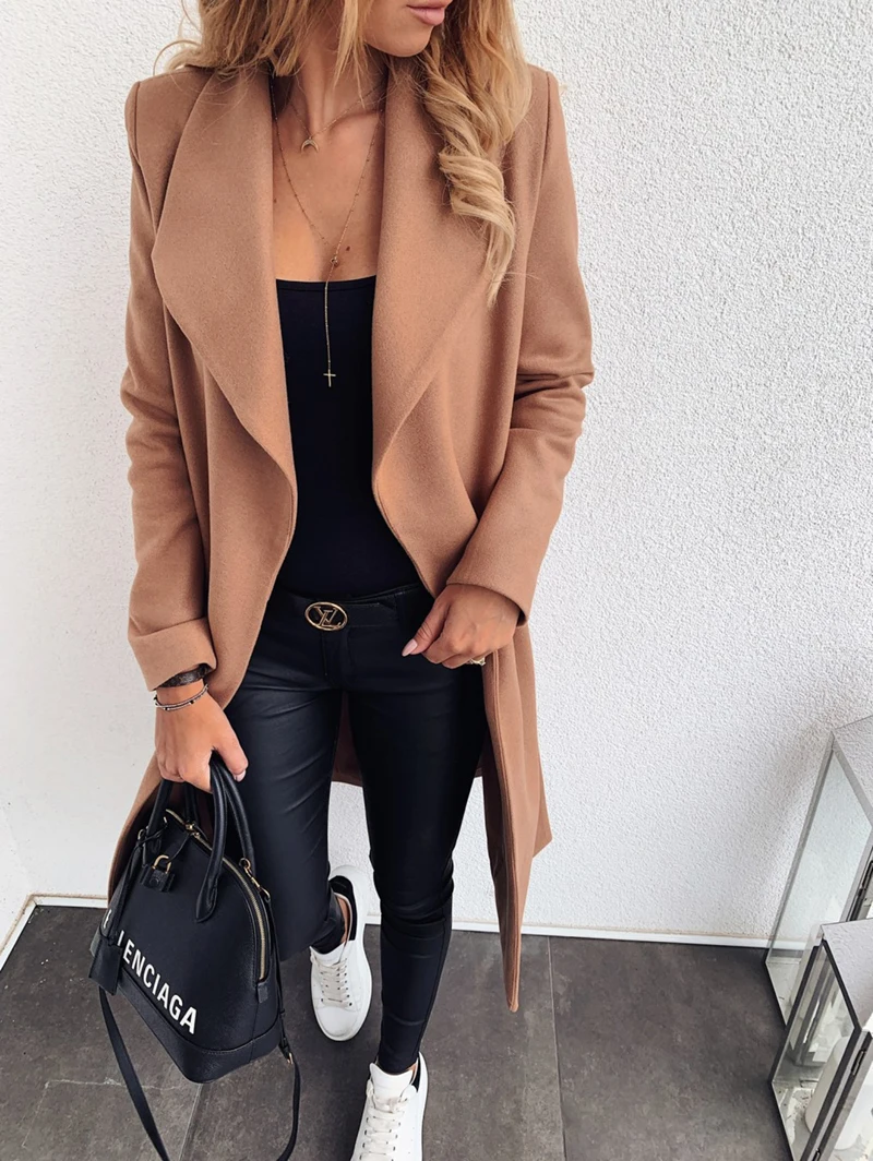 Thin Wool Blend Coat Women Long Cardigan Coat Long Sleeve Hairy Open Front Ladies Outwear Autumn Winter Casual Elegant Overcoat - Цвет: Khaki
