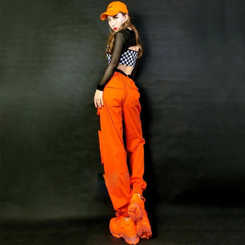 Hip Hop Costumes Adults Orange Pants Plaid Vest Street Dance Clothes Modern Stage Outfits Ladies Jazz Performance Wear DNV12425
