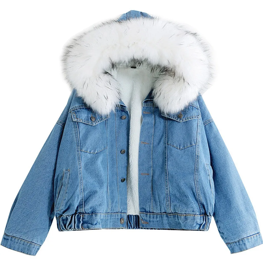 Women Denim Jacket Winter Thicken Fleece Outdoor Coat Faux Fur Collar Hooded Long Sleeve Denim Female Windproof Outwear#BL40