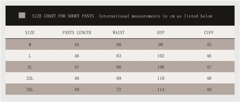 Short Pants Size Chart