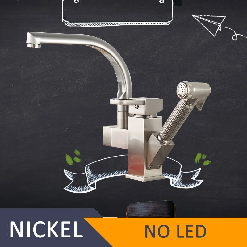 Nickel No LED Смеситель для кухни, светодиодный кран для раковины, латунный матовый никель, Torneira, кран для кухни, смесители для горячей и холодной воды, на бортике, смеситель для ванны - Цвет: Nickel No LED