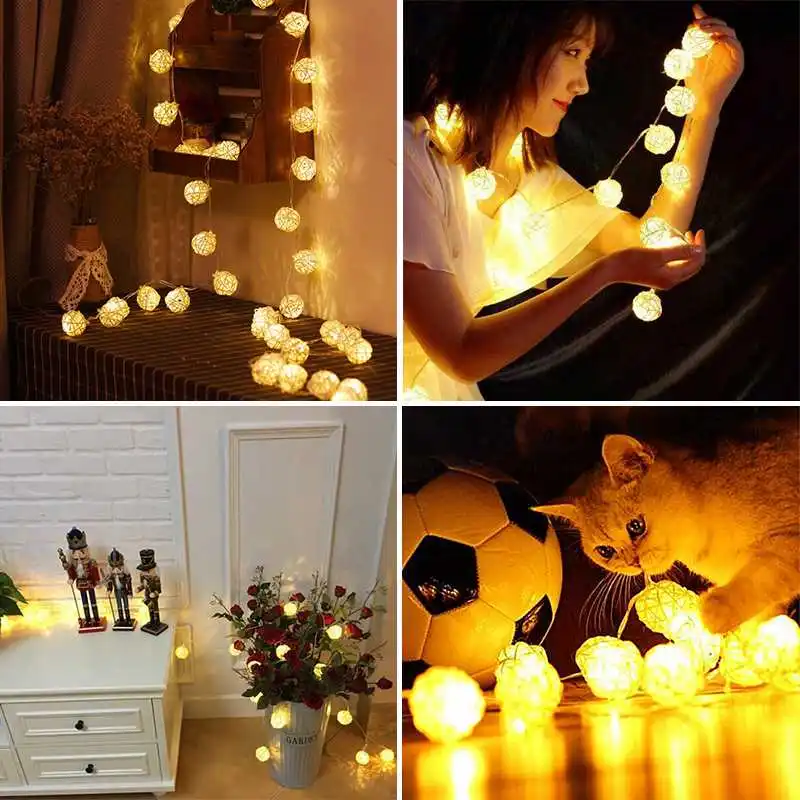 Rattan Ball LED String Light Holiday Fairy Lights Warm White for Party Wedding Decoration Christmas Lights Garland Outdoor