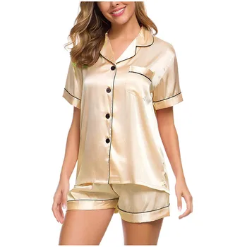 

Sleepwear Fashion Women Leisure Silk Satin Pajamas Short Sleeve Sleepwear Sets Two-Piece Loungewear Button-Down Sets пижама