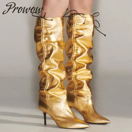 

Prowow New Genuine Leather Lace Up Pleated Fashion Boots Sexy Pointed Toe HIgh Heel Knee hIgh Boots Shoes Women