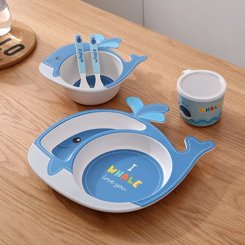 5 шт., детская посуда с милыми мультяшными рисунками, детская посуда для кормления, набор посуды из бамбукового волокна с чашей, вилкой, чашкой, ложкой, тарелкой