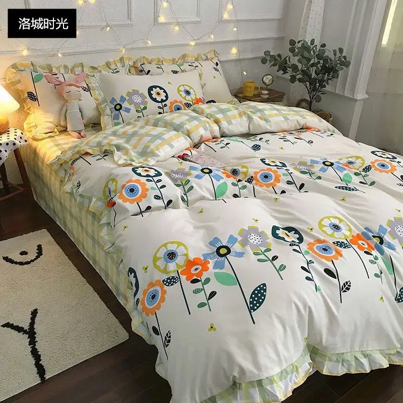 Four-piece set on a lotus leaf bed Korean style fragrant taro purple grid soft small fragrant style bed sheet three-piece set 