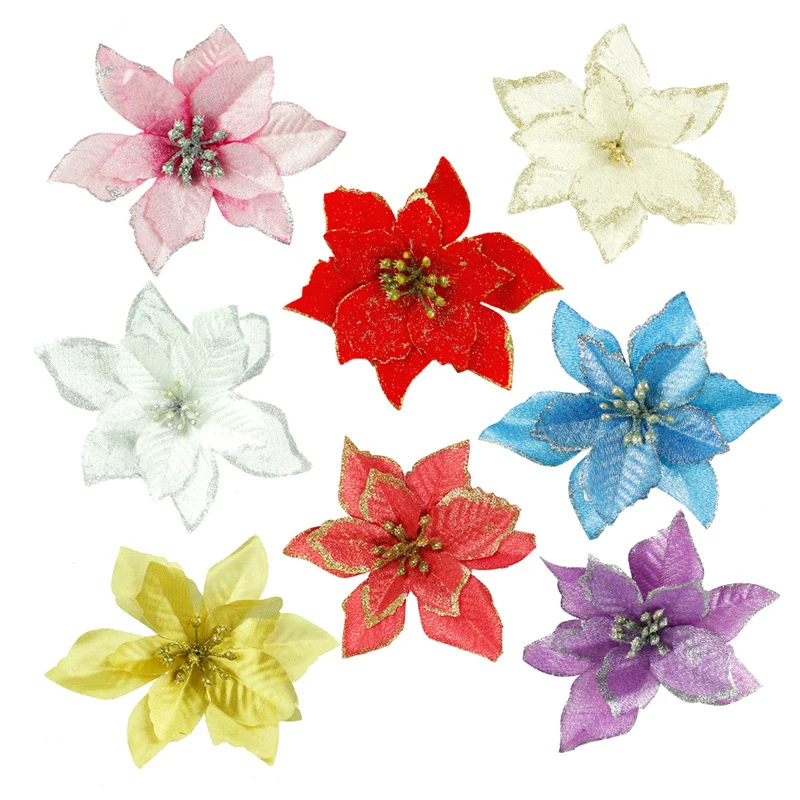 Christmas 10PCS Artificial Flower Glitter Poinsettia Wreath Tree Decorations Gift garlands festive atmosphere | Дом и сад
