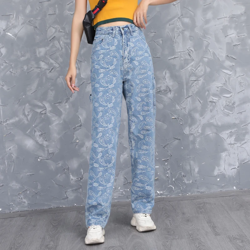 Уличные свободные джинсы в стиле хип-хоп с цветочным принтом кешью и вышивкой