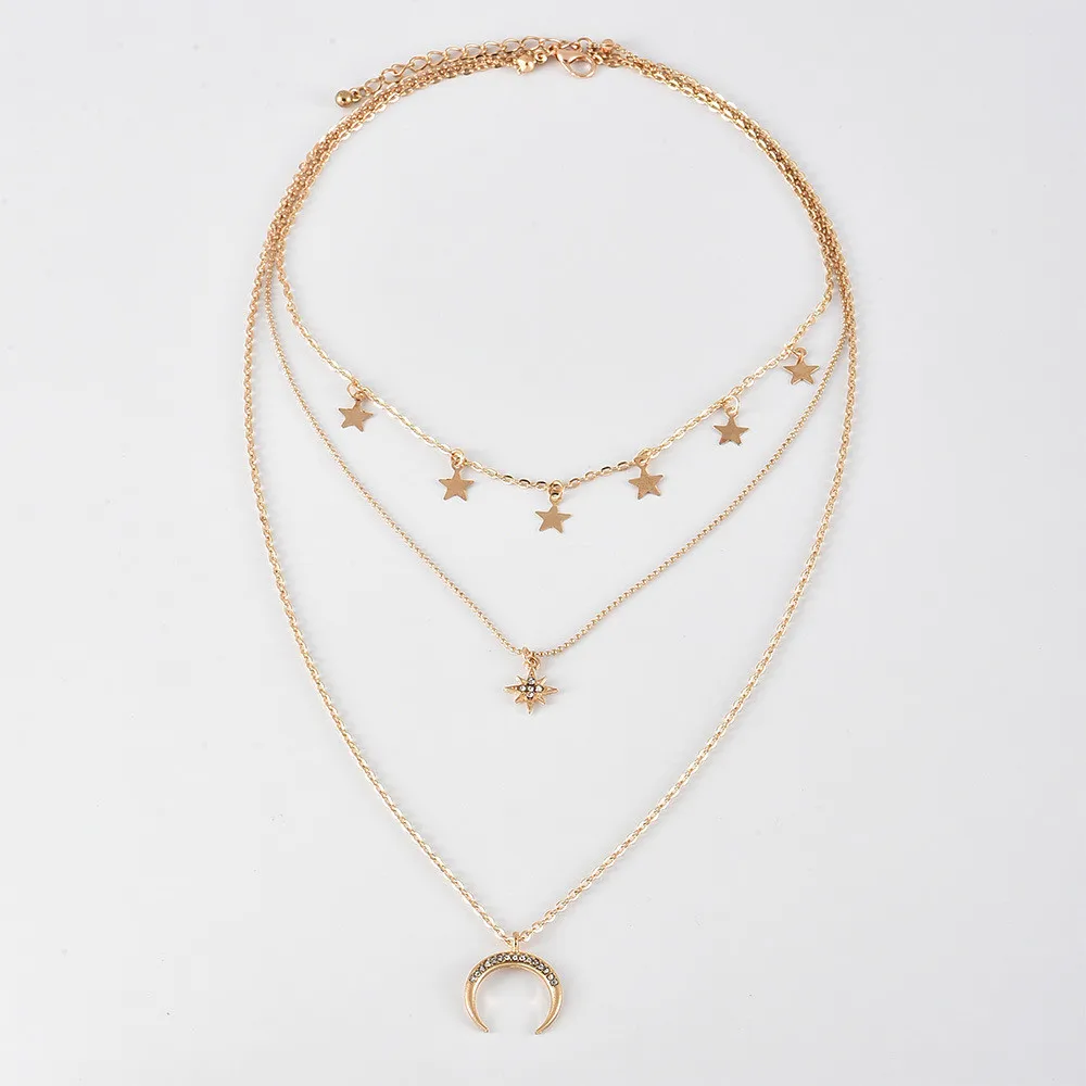 ALYXUY, модное многослойное ожерелье-чокер с золотыми звездами, пентаграммой и Луной для женщин, очаровательное регулируемое ожерелье, подарок для лучшего друга