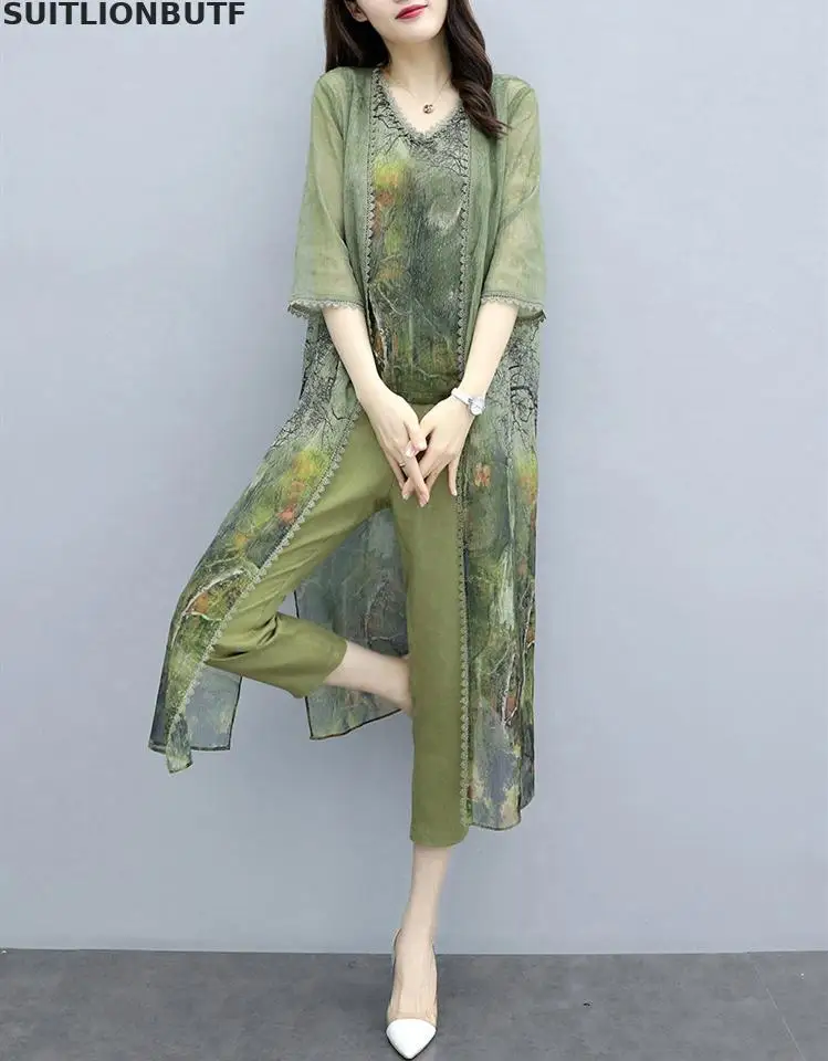 

Chiffon Plus Size Women 3 Piece Set Long Chinese Traditional Print Outfit Sleeveless Vest Mid-calf Pants Elegant Ladies Suit