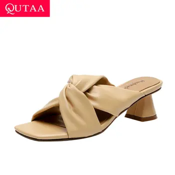 

QUTAA 2020 New Summer Slingback Sandals Square Middle Heel Slip on Women Shoes Cow Leather Cut Outs Ladies Pumps Size 34-40