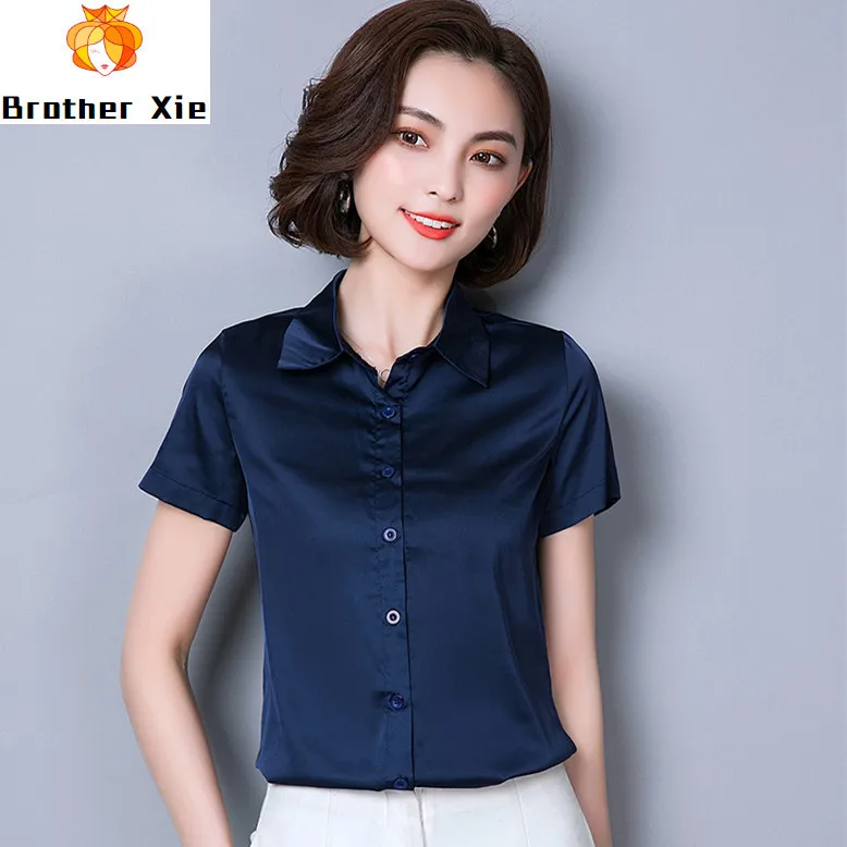 

Short Fashion Sleeve Shirt Women 2020 Slim Summer Ladies Tops Korean Style Blusas Femininas Elegante Office Blouse Satin Shirts
