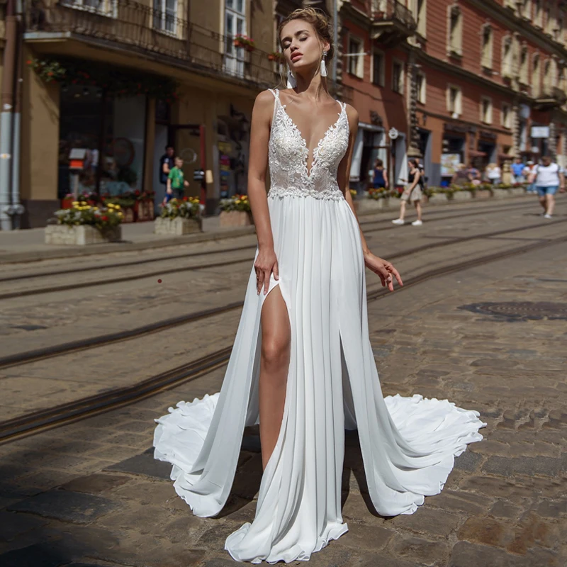 

Sexy Beach Boho Wedding Dresses Bridal Gown Illusion Lace Applique Slit Wedding Dress Backless Vestido De Noiva