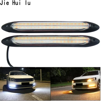 

2pcs Universal Car LED Daytime Running Light Waterproof Headlight Strip Sequential Flowing Yellow Turn Signal White DRL Light