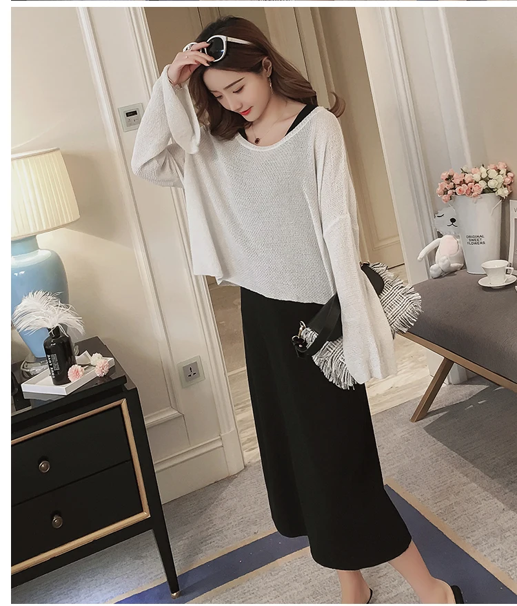 Autumn Maternity Long Flare Sleeve Loose Sweater+Lactation Sundress Twinset Postpartum Women Nursing Clothes Set Breastfeeding