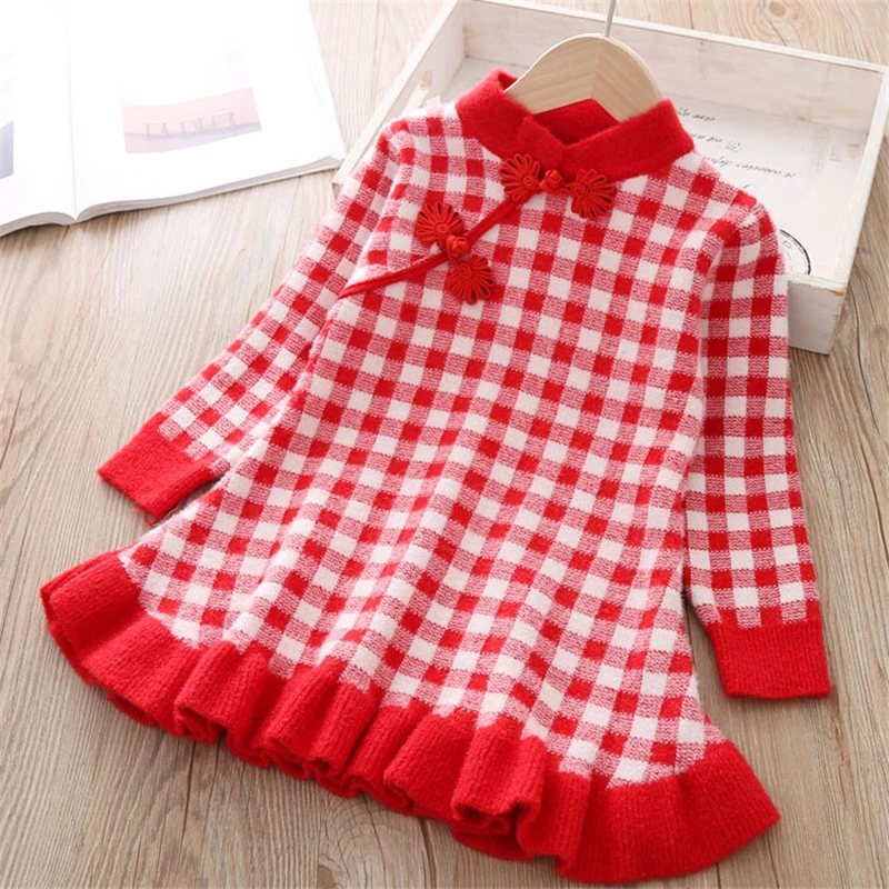 Осенне-зимнее платье, платье-свитер для девочек, детское платье-свитер для маленьких девочек, одежда для девочек, вязаная одежда в клетку для малышей