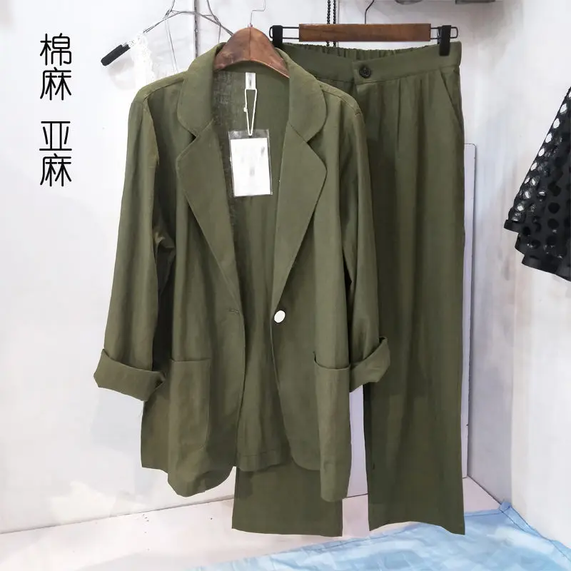 

Thin Style Blazer And Pants For Women Large Size Cotton And Linen Female Summer Casual Nine-Point Pants Wide-Leg Linen Suit K376