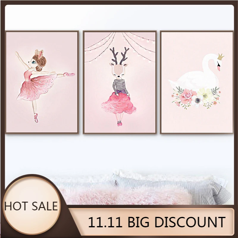 Pittura Su Tela Nordic Water Color Poster Unicorn Deer Rabbit Girl Pink Flower Poster Swan Wall Pictures Kids Girls Room Decor