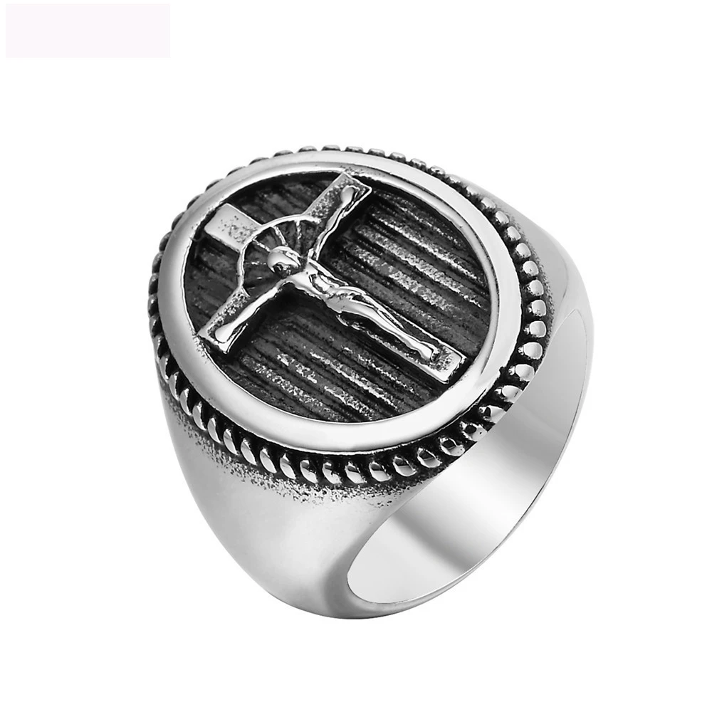 

New Arrival Christian Jewelry Rings With Jesus Crucifix High Quality Titanium Steel Vintga Ring For Men Party Gifts
