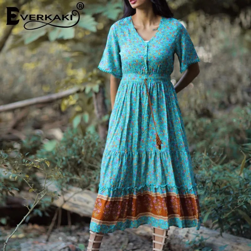 Green Everkaki, женское длинное платье, бохо, цветочный принт, летнее, vestidos, ленточки, с поясом, для девушек, макси, платья для женщин, весна, новая мода - Цвет: Green
