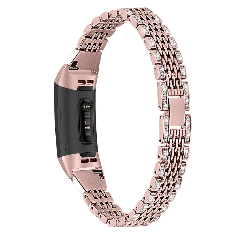 Нержавеющая сталь сменный Браслет кольцо с кристаллами для FitbitCharge 3 VH99 - Цвет: Rose pink