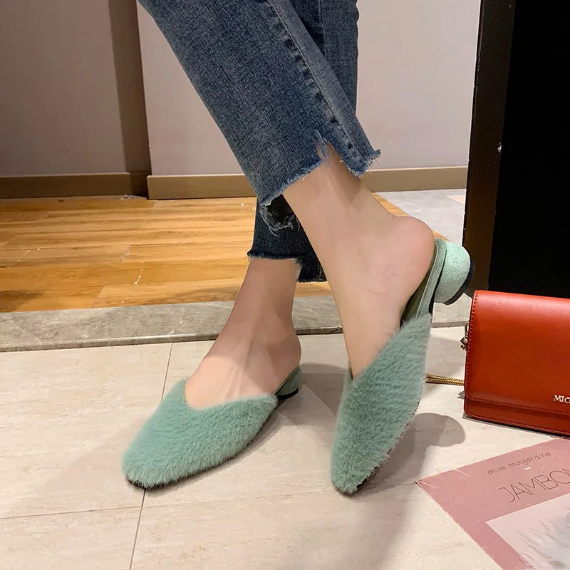 

2019 Autumn Online Celebrity Celebrity Style Plush Slipper Women's Outer Wear Mules Shoes Semi-high Heeled Rabbit Fur Closed-toe