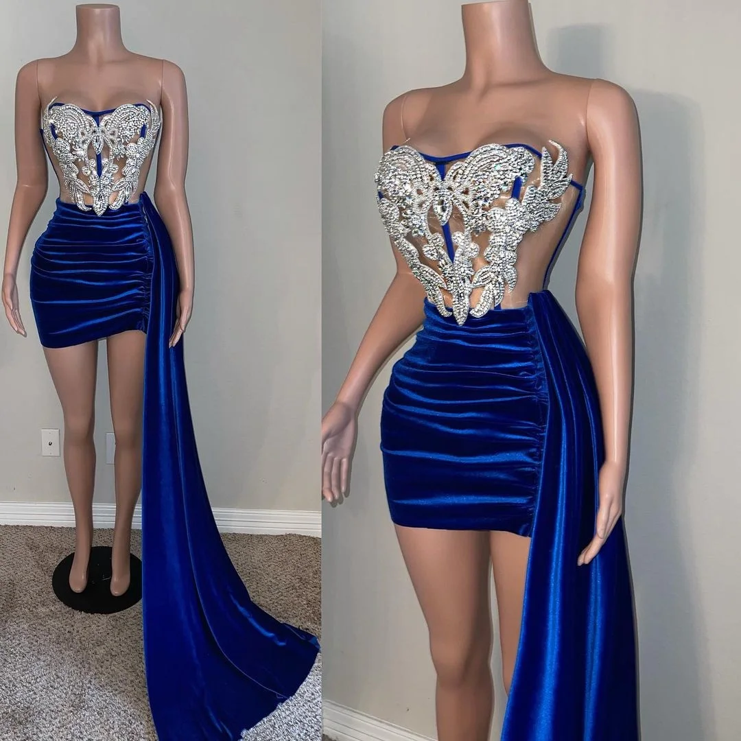 pink prom dress Stunning Silver Beaded See Through Top Royal Blue Short Party Cocktail Prom Dresses 2021 With Long Train hot pink prom dress