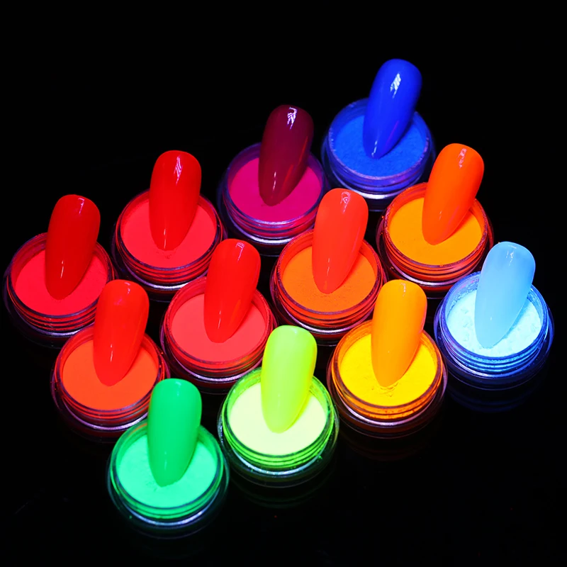 12pc /Set Neon Acrylic Nail Art Fluorescent Luminous Glitter Tip Powder  Sand Glow In Dark 3D Salon Nails DIY Decorations