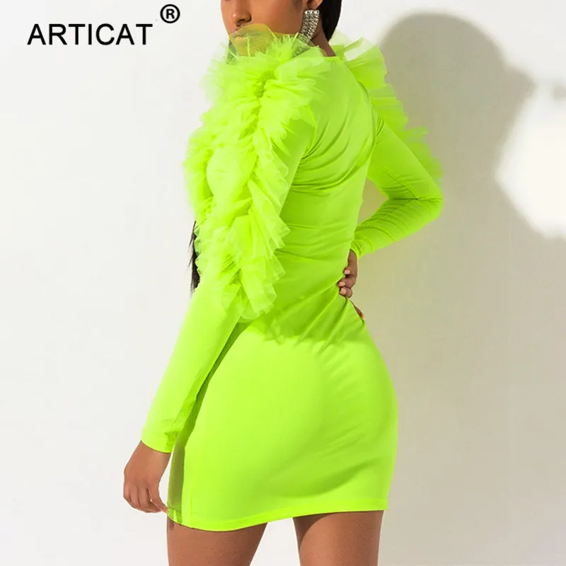 Articat Ruffles Mesh Patchwork Sexy Dress Women Deep V Neck Long Sleeve Slim Autumn Dress Elegant Short Party Club Dress