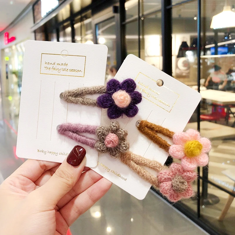 Children Cute Knitting Plush Flowers Hairpins Girls Colors Hollow Headbands Barrettes Hair Clips Kids Lovely Hair Accessories
