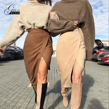 Золотые руки хаки замша длинные юбки для женщин Осень Зима Повседневная юбка со шнуровкой миди-юбка с высокой талией Офисная Леди элегантная