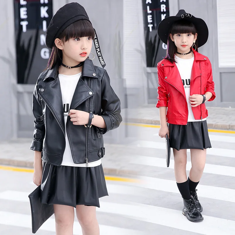 Кожаная куртка для девочек; Новинка года; стильная детская кожаная куртка; короткая мотоциклетная детская кожаная куртка из искусственной кожи