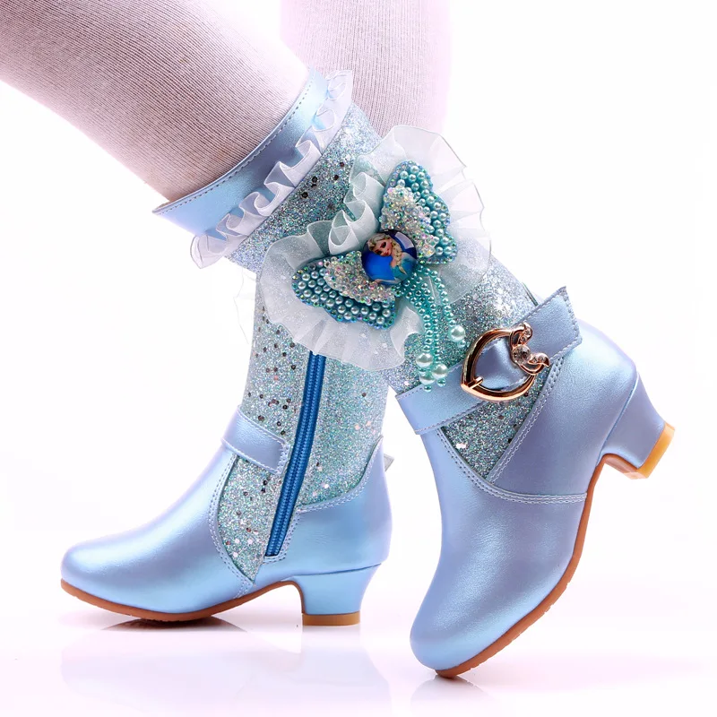 Disney Children's Frozen Elsa Princess Sequins Thickened Warm Cotton Shoes  Long Tube High Heel Snow Boots Cotton Boots Bow| | - AliExpress