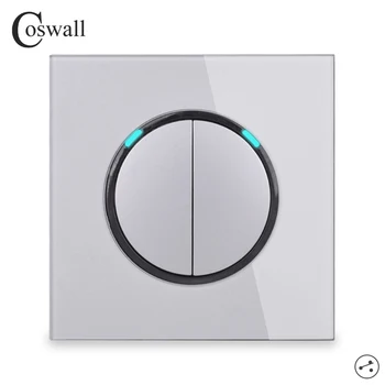 

Coswall 2 Gang 2 Way Random Click On / Off Wall Light Switch Switched LED Indicator Pass Through Switch Glass Panel Grey Gray