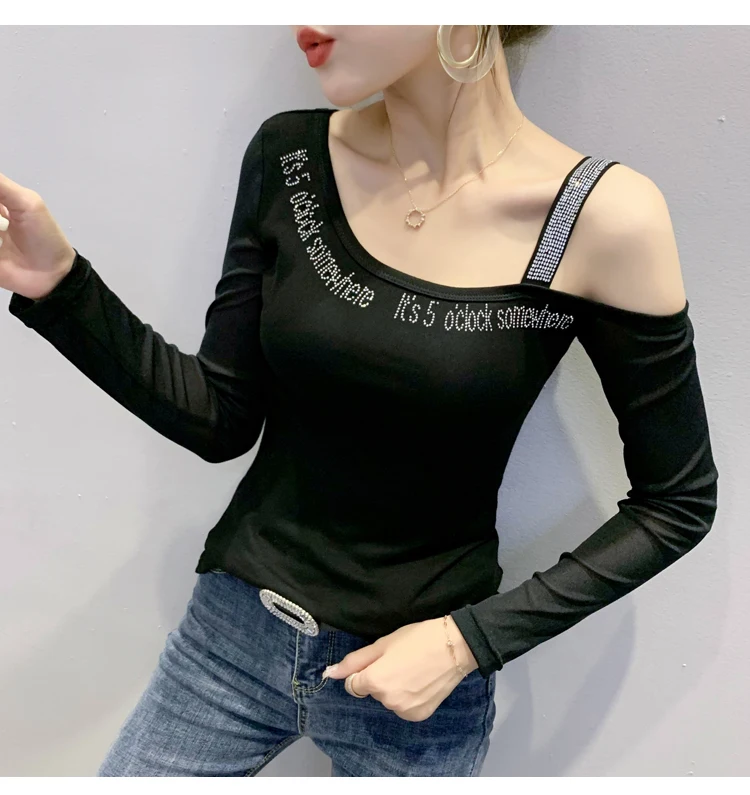2020 Autumn New women tops Fashion long sleeve sexy off the shoulder women t-shirt hot drilling Elegant slim women clothing