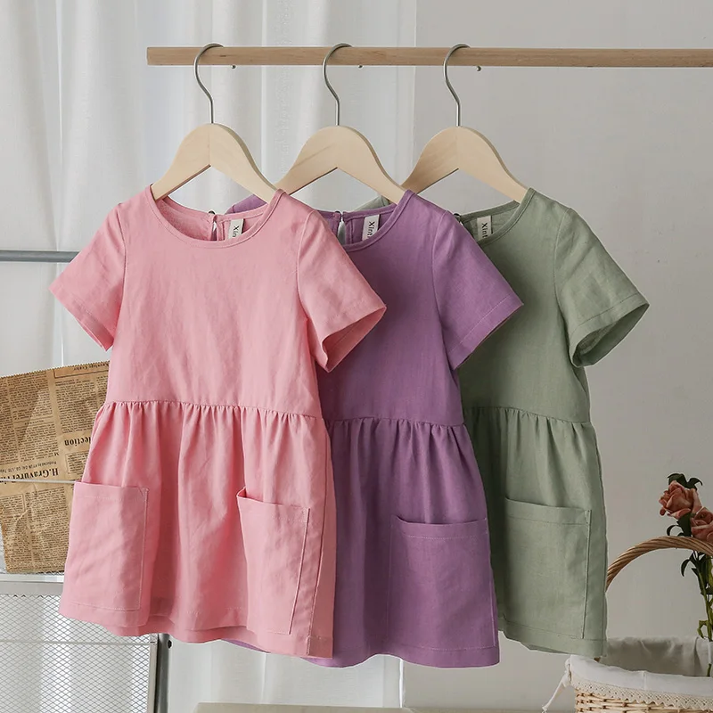 Cotton Linen Summer Girl Dress Casual Short Sleeve Kids Holiday Dress With Pockets girls dress kids clothes