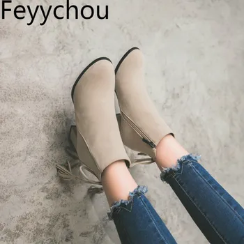 

Women Boots Autumn Winter High Heel Warm Flock Round Toe Zip Ankle Chelsea Tassel 2019 New Sexy Fashion Casual Black Size 34-43