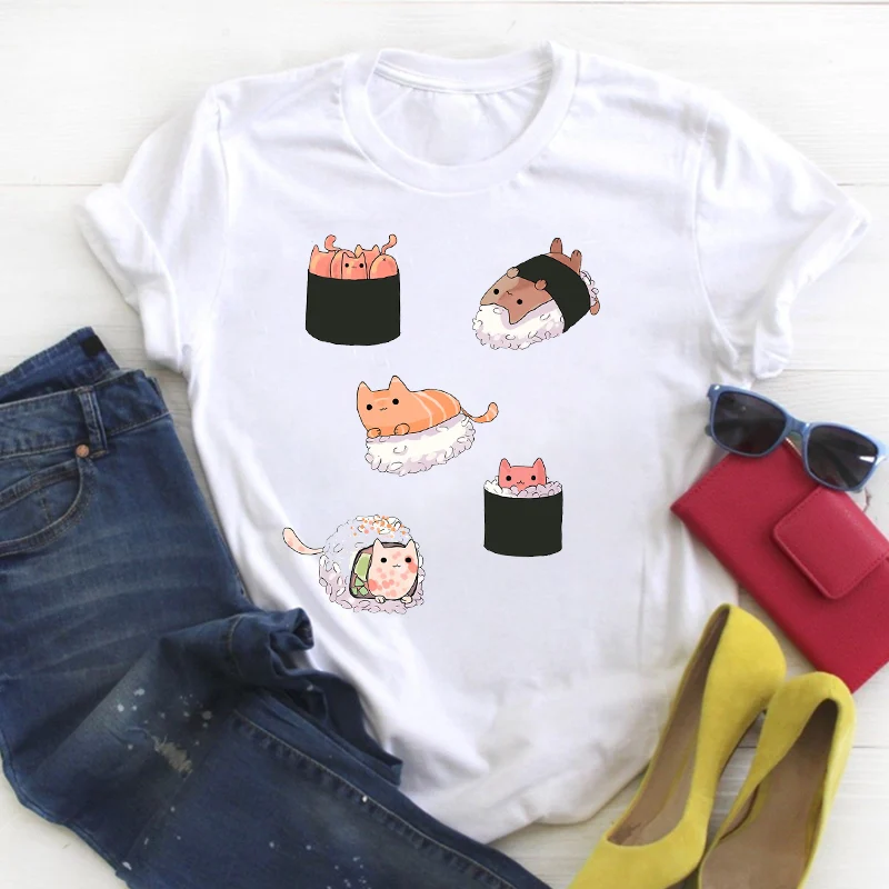 Женская летняя футболка с забавным принтом кота питомца Милая женская одежда