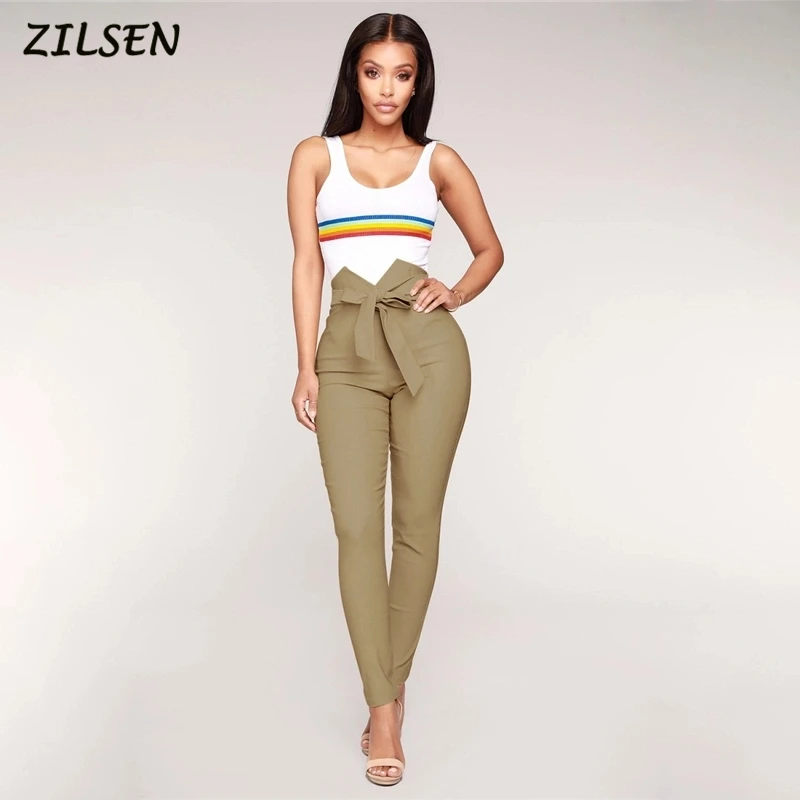 

Fashion Women High Waist Casual Pants Fashion Ladies Bowknot Long Slim Skinny Pants Bandage Elastic Pencil Trousers With Sashes
