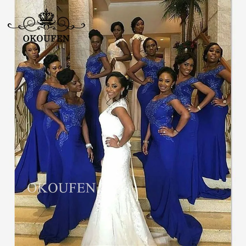 Королевское Голубое Кружевное платье русалки для подружки невесты для подростков аппликация с открытыми плечами Robe demoisie D'honneur длинное свадебное платье для гостей