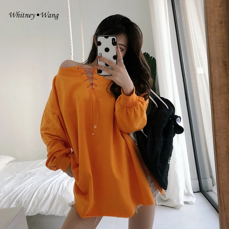 WHITNEY WANG Осенняя мода уличная однотонная Толстовка на шнуровке женские толстовки пуловер