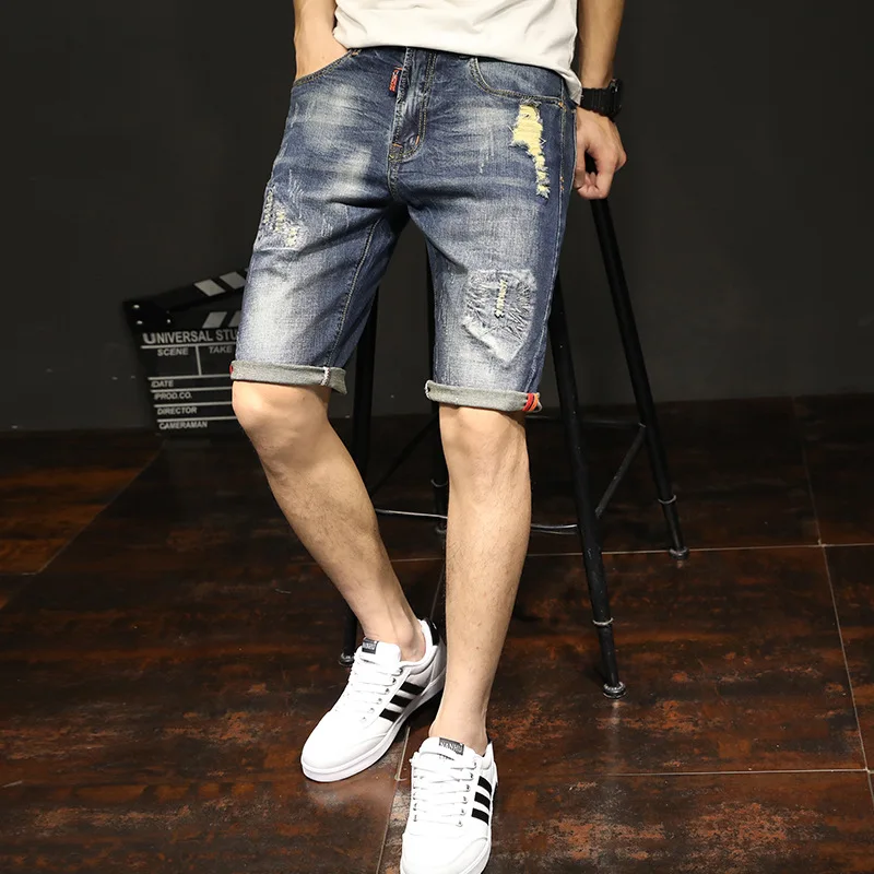 

Summer Men with Holes Cowboy Short Pants Men's Korean-style Trend Elasticity Shorts Dark Blue Frayed Shorts Men