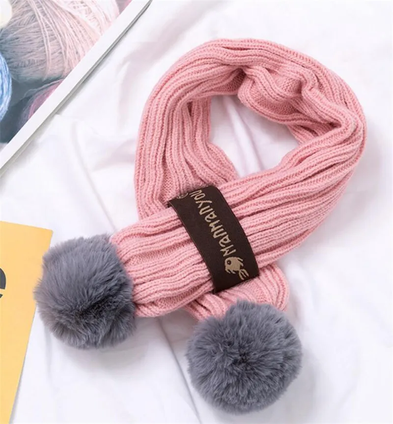 Pink Scarf Kids Winter Warm Hat And Scarf Child Ribbed Knitted Pom Pom Cap Scarves 2 Piece Set Baby Girl Boys Accessories 6-36 month - Цвет: Pink Scarf