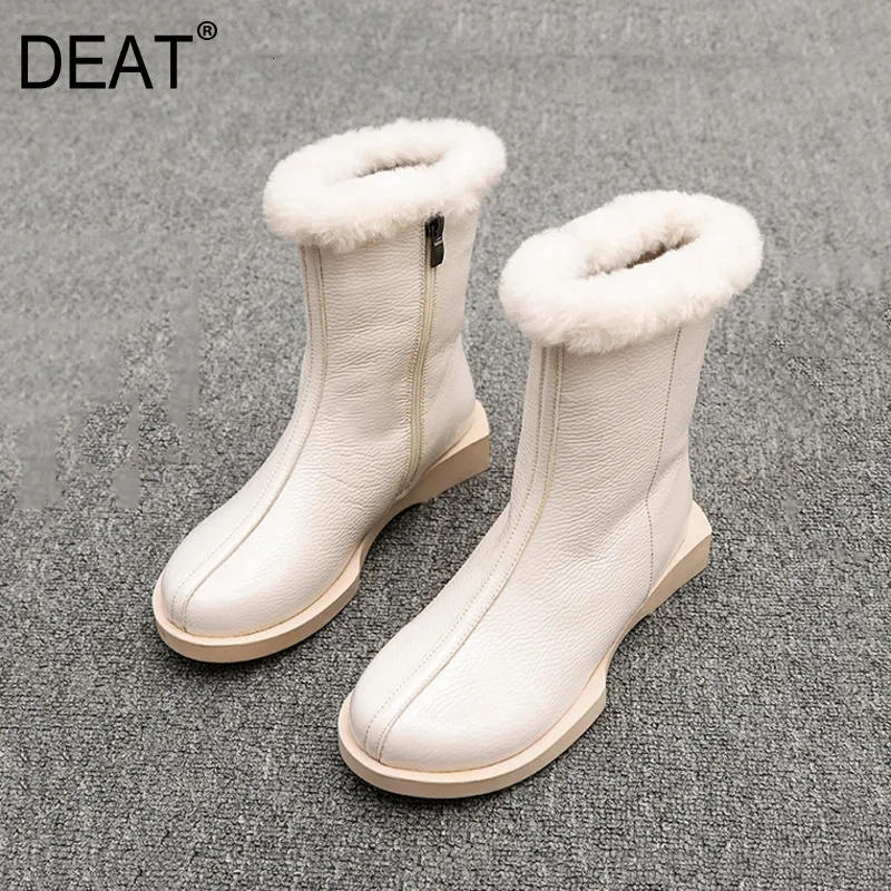 [DEAT] Round Toe Side Zipper Casual Pu Leather Velvet Shoes Women Short Snow Boots New Autumn Winter Fashion Tide 10E737