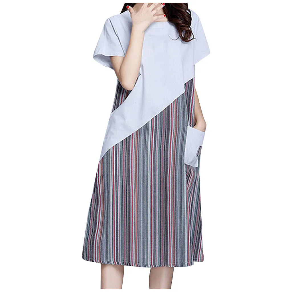 Pocket Sundress Lady Casual Short Sleeve A-Line Dress Vestidos Fashion Shirt Women Loose Plus size Office Patchwork |